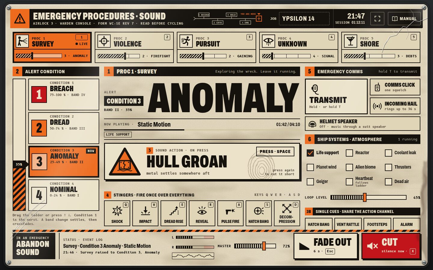 Emergency placard skin, built by Opus 5.5, showing the Survey scene