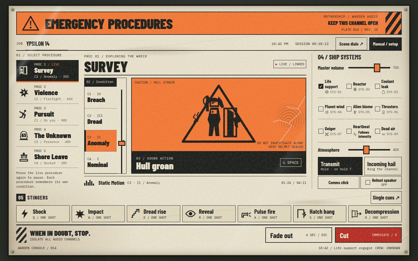 Emergency placard skin, built by GPT-6.1 Sol, showing the Survey scene